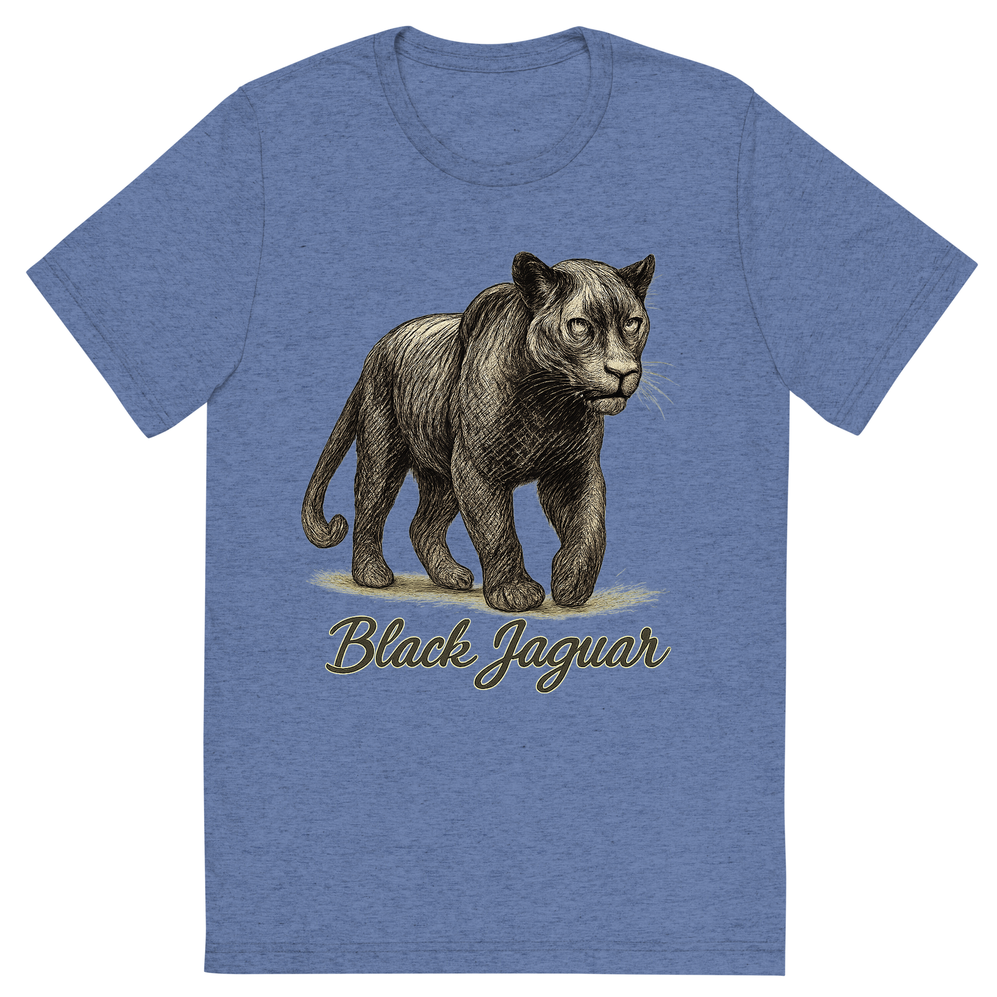 Front view of a Premium Tri-Blend Crew Neck T-Shirt in Blue showing 'A flat, neutral graphic of a powerful sketch of a black jaguar with subtle rosettes and shadowy features. “black jaguar” is written in flowing script below. detailed ink illustration on a white background.'