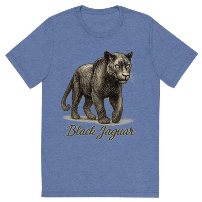Front view of a Premium Tri-Blend Crew Neck T-Shirt in Blue showing 'A flat, neutral graphic of a powerful sketch of a black jaguar with subtle rosettes and shadowy features. “black jaguar” is written in flowing script below. detailed ink illustration on a white background.'