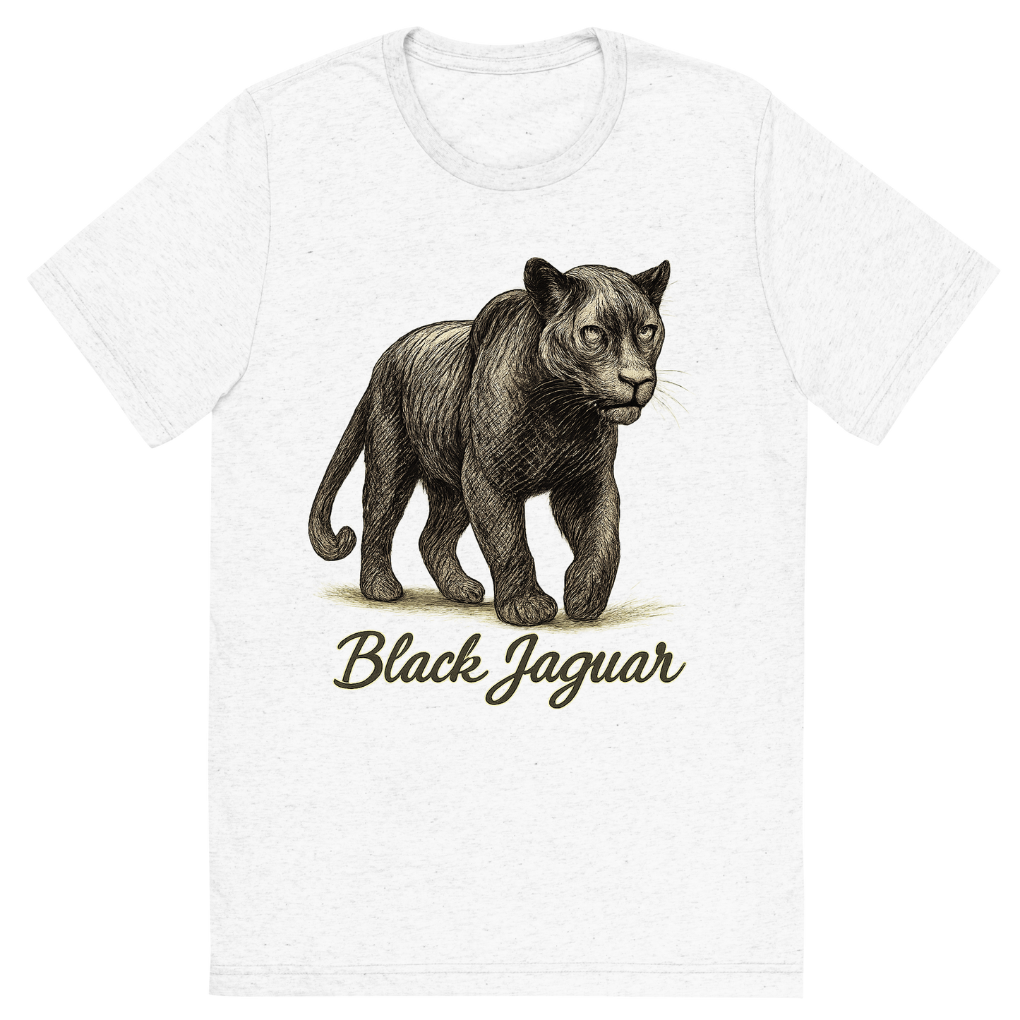 Front view of a Premium Tri-Blend Crew Neck T-Shirt in Solid White showing 'A flat, neutral graphic of a powerful sketch of a black jaguar with subtle rosettes and shadowy features. “black jaguar” is written in flowing script below. detailed ink illustration on a white background.'