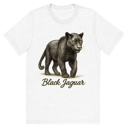Front view of a Premium Tri-Blend Crew Neck T-Shirt in Solid White showing 'A flat, neutral graphic of a powerful sketch of a black jaguar with subtle rosettes and shadowy features. “black jaguar” is written in flowing script below. detailed ink illustration on a white background.'