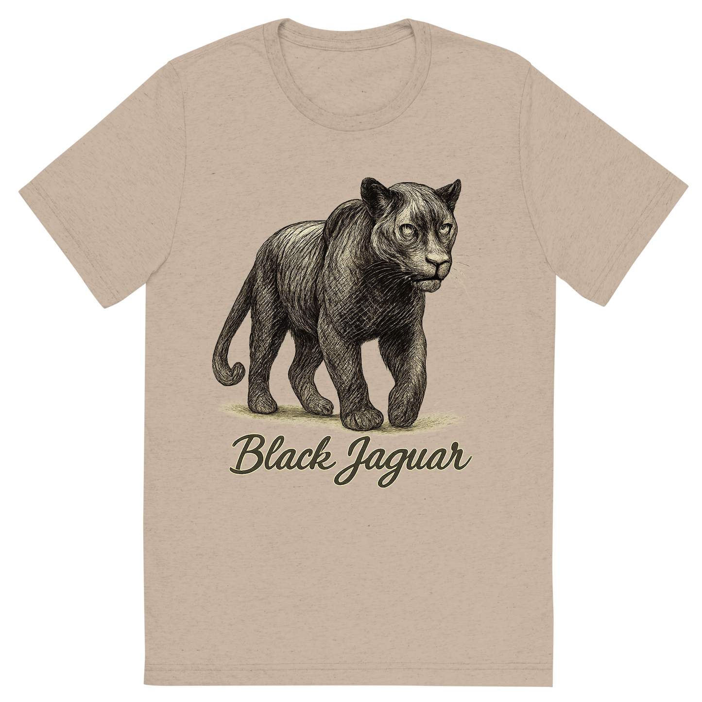 Front view of a Premium Tri-Blend Crew Neck T-Shirt in Tan showing 'A flat, neutral graphic of a powerful sketch of a black jaguar with subtle rosettes and shadowy features. “black jaguar” is written in flowing script below. detailed ink illustration on a white background.'