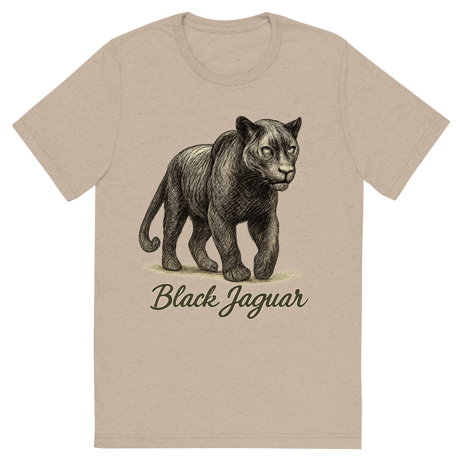Front view of a Premium Tri-Blend Crew Neck T-Shirt in Tan showing 'A flat, neutral graphic of a powerful sketch of a black jaguar with subtle rosettes and shadowy features. “black jaguar” is written in flowing script below. detailed ink illustration on a white background.'