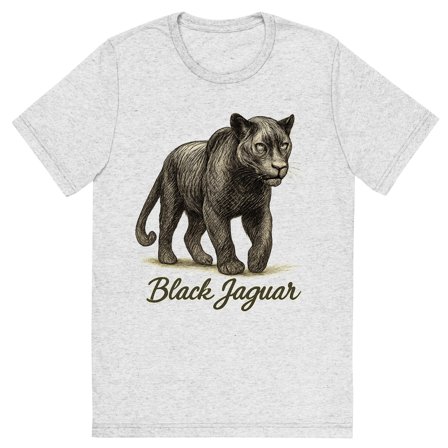 Front view of a Premium Tri-Blend Crew Neck T-Shirt in White Fleck showing 'A flat, neutral graphic of a powerful sketch of a black jaguar with subtle rosettes and shadowy features. “black jaguar” is written in flowing script below. detailed ink illustration on a white background.'