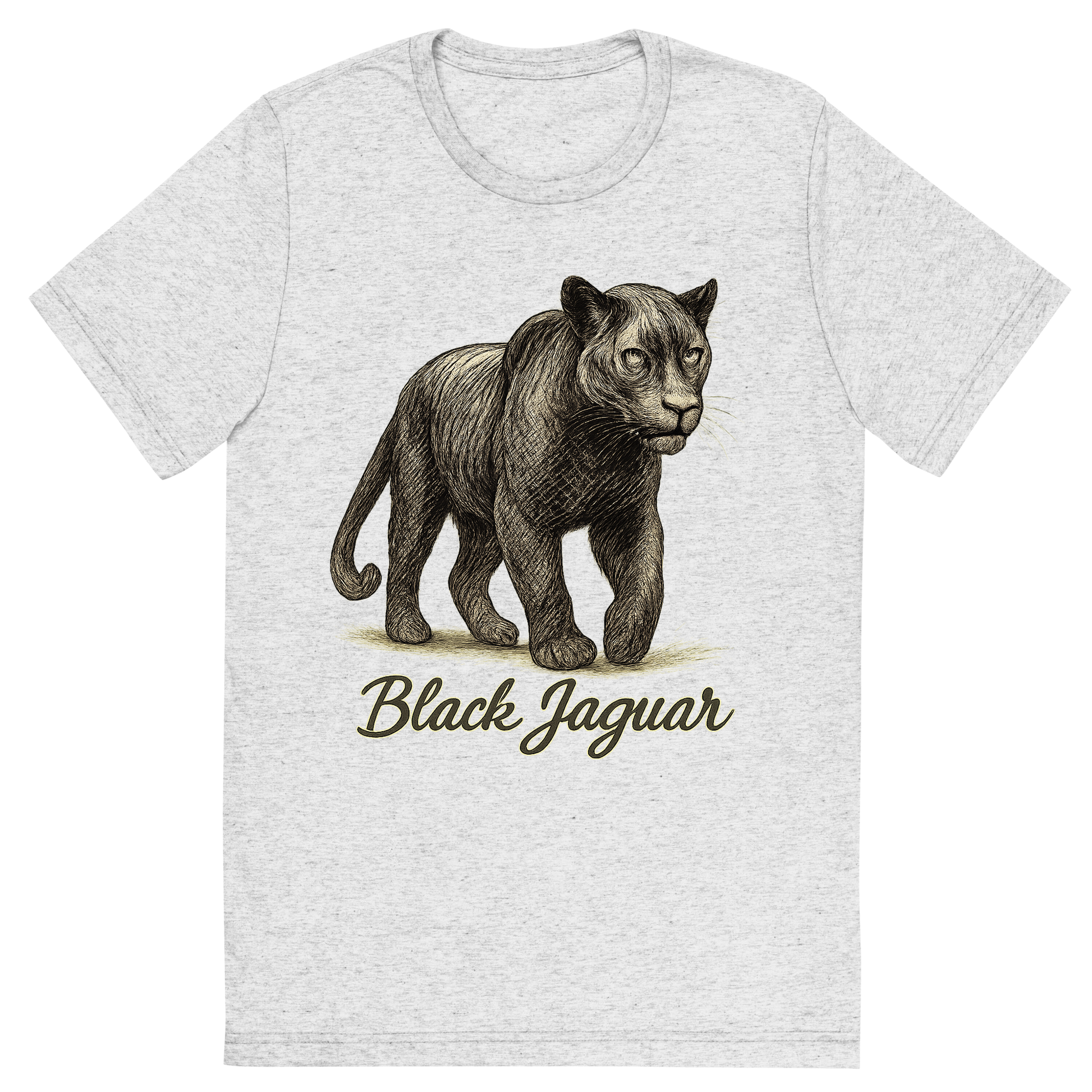 Front view of a Premium Tri-Blend Crew Neck T-Shirt in White Fleck showing 'A flat, neutral graphic of a powerful sketch of a black jaguar with subtle rosettes and shadowy features. “black jaguar” is written in flowing script below. detailed ink illustration on a white background.'