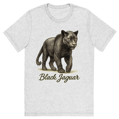 Front view of a Premium Tri-Blend Crew Neck T-Shirt in White Fleck showing 'A flat, neutral graphic of a powerful sketch of a black jaguar with subtle rosettes and shadowy features. “black jaguar” is written in flowing script below. detailed ink illustration on a white background.'