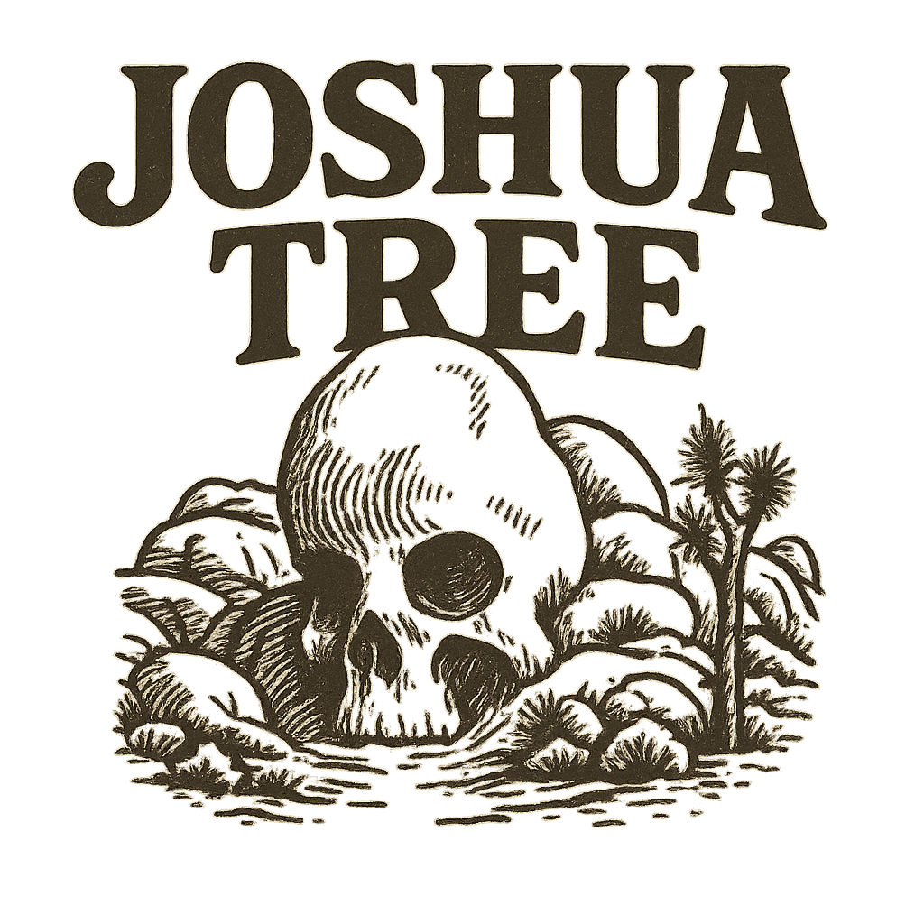 A typographic, nostalgic graphic of a typographic illustration of the words 'joshua tree' with a vintage line art drawing of skull rock – a t-shirt design