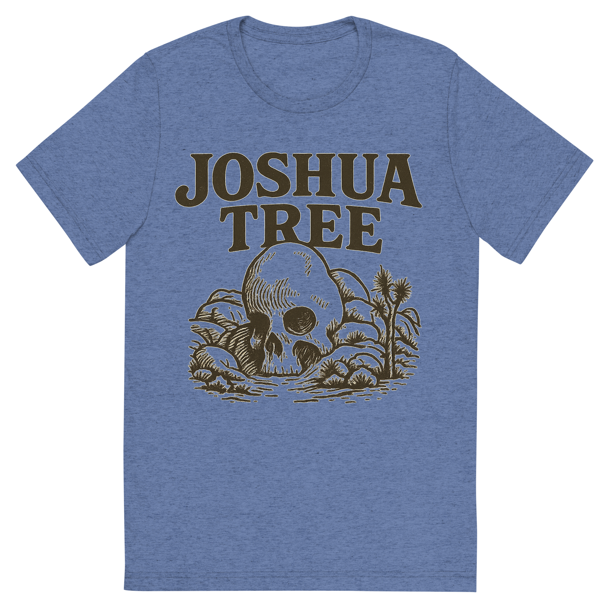 Front view of a Premium Tri-Blend Crew Neck T-Shirt in Blue showing 'A typographic, nostalgic graphic of a typographic illustration of the words 'joshua tree' with a vintage line art drawing of skull rock'