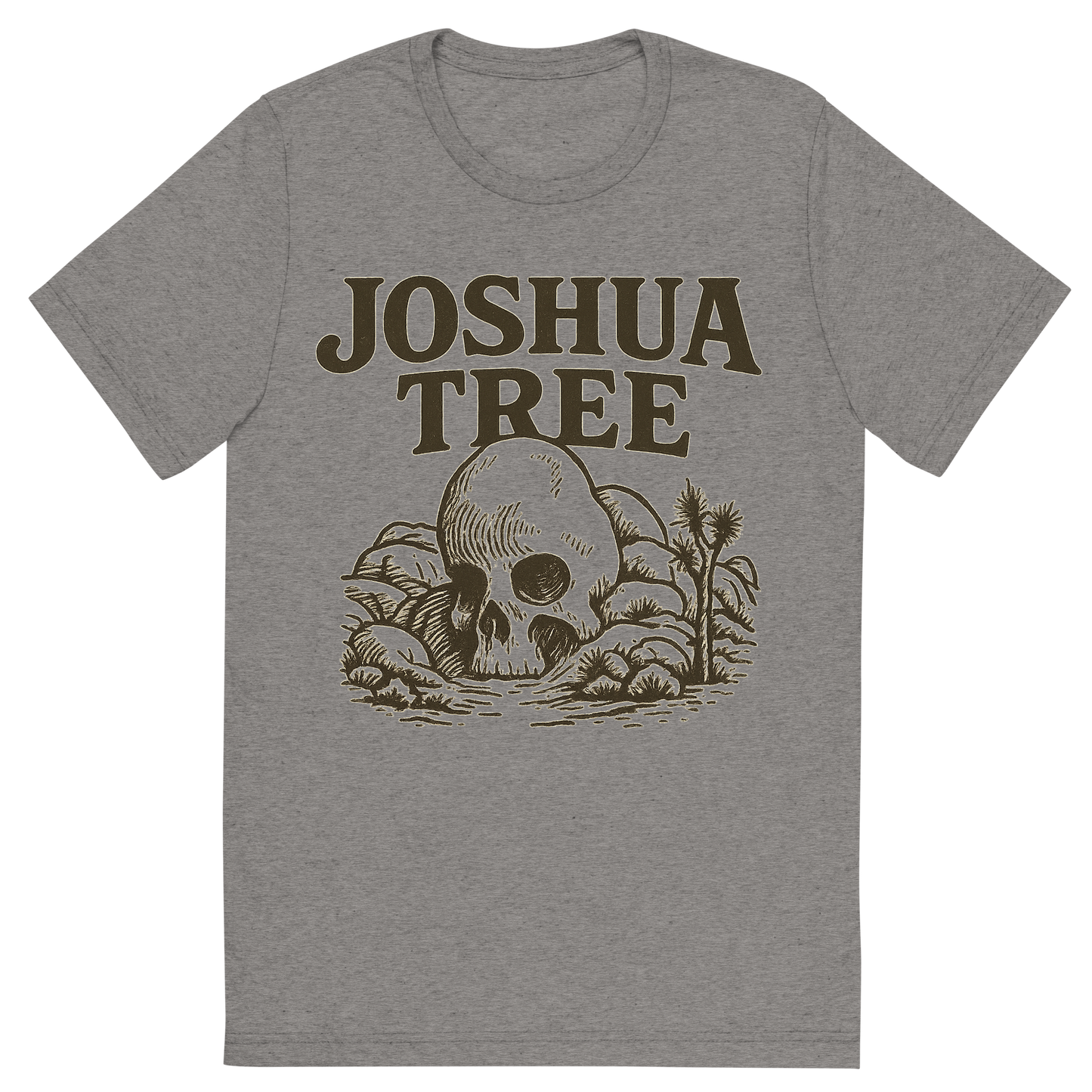 Front view of a Premium Tri-Blend Crew Neck T-Shirt in Grey showing 'A typographic, nostalgic graphic of a typographic illustration of the words 'joshua tree' with a vintage line art drawing of skull rock'