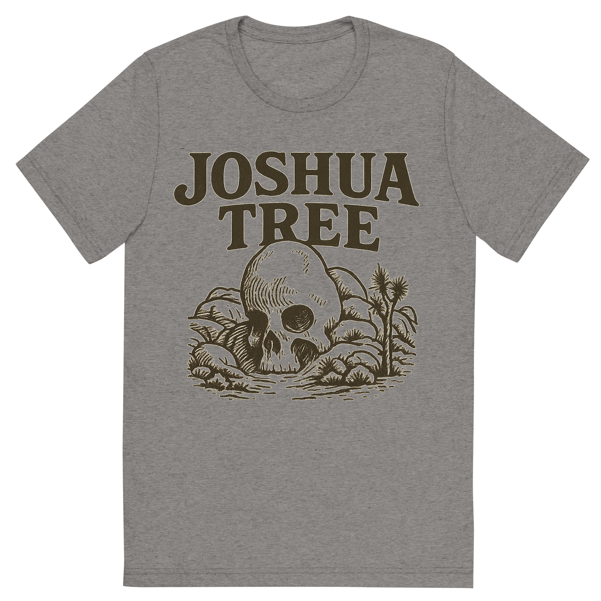 Front view of a Premium Tri-Blend Crew Neck T-Shirt in Grey showing 'A typographic, nostalgic graphic of a typographic illustration of the words 'joshua tree' with a vintage line art drawing of skull rock'