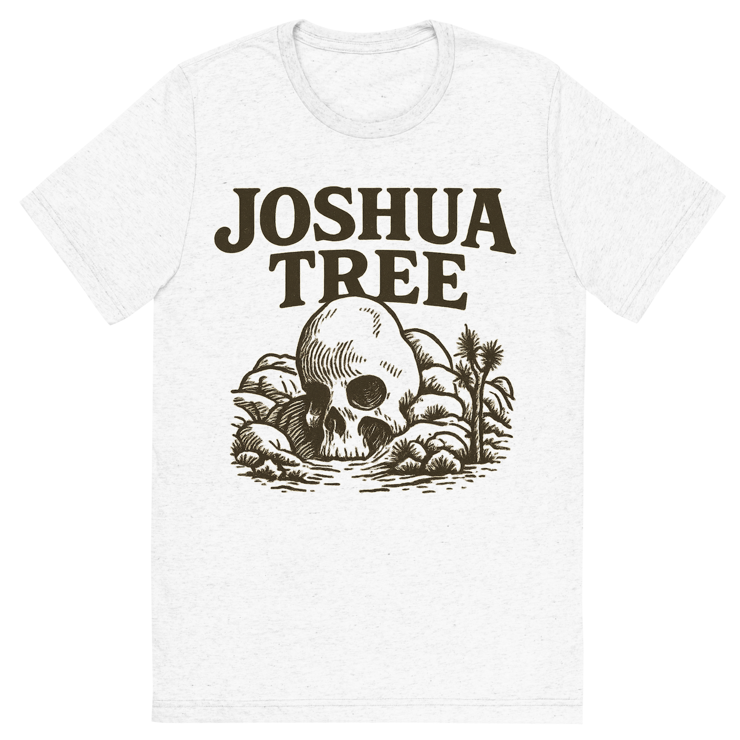 Front view of a Premium Tri-Blend Crew Neck T-Shirt in Solid White showing 'A typographic, nostalgic graphic of a typographic illustration of the words 'joshua tree' with a vintage line art drawing of skull rock'
