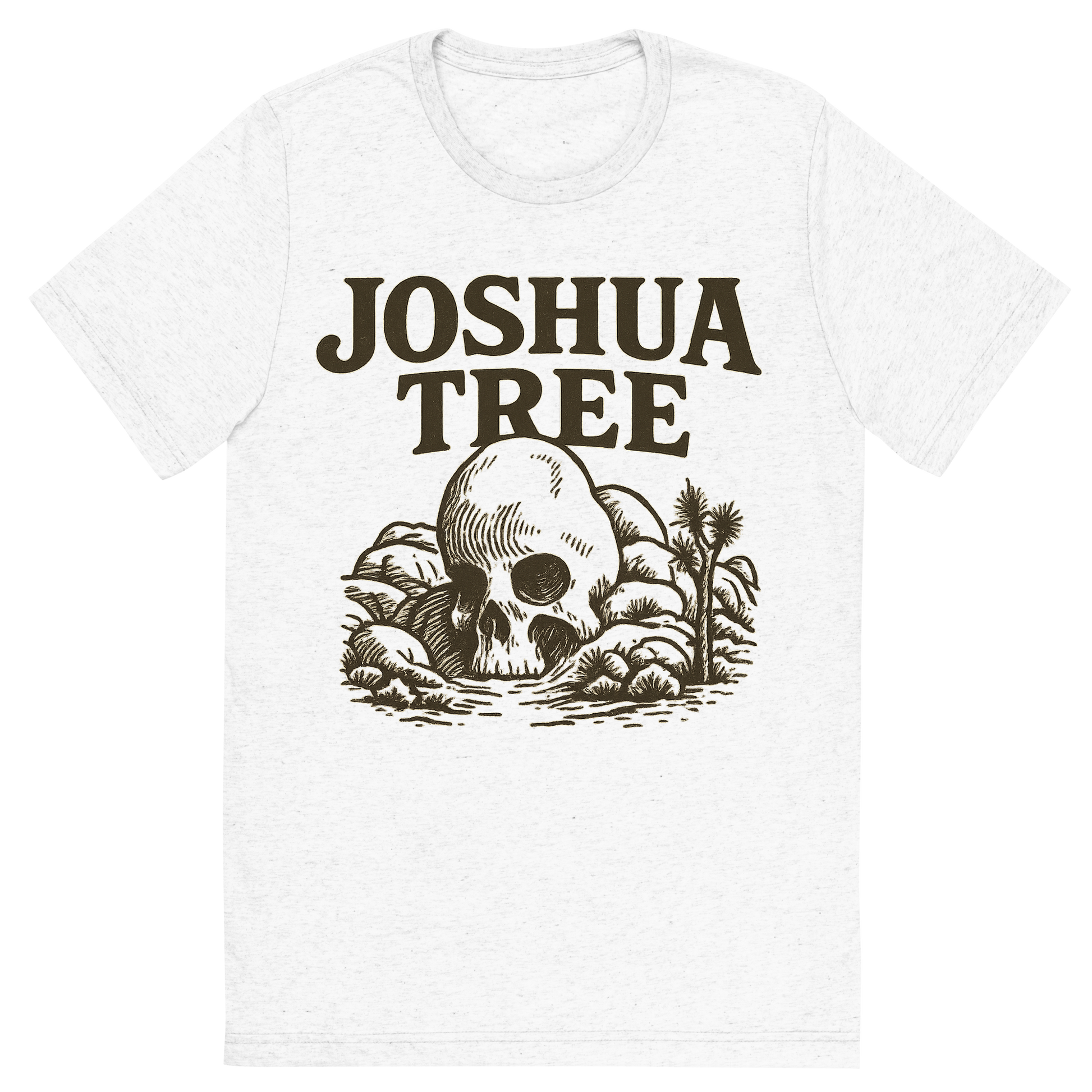 Front view of a Premium Tri-Blend Crew Neck T-Shirt in Solid White showing 'A typographic, nostalgic graphic of a typographic illustration of the words 'joshua tree' with a vintage line art drawing of skull rock'