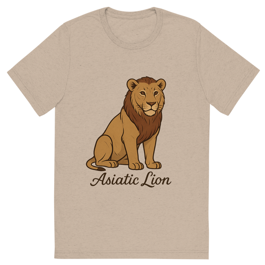 Front view of a Premium Tri-Blend Crew Neck T-Shirt in Tan showing 'A flat, neutral graphic of a refined drawing of an asiatic lion with shorter mane and alert gaze. “asiatic lion” is written beneath in flowing script.'