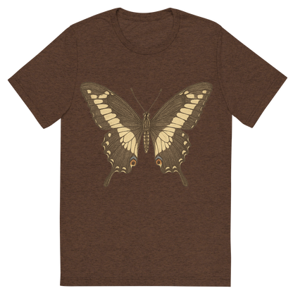 Front view of a Premium Tri-Blend Crew Neck T-Shirt in Brown showing 'A hand-drawn, tranquil graphic of giant swallowtail butterfly'