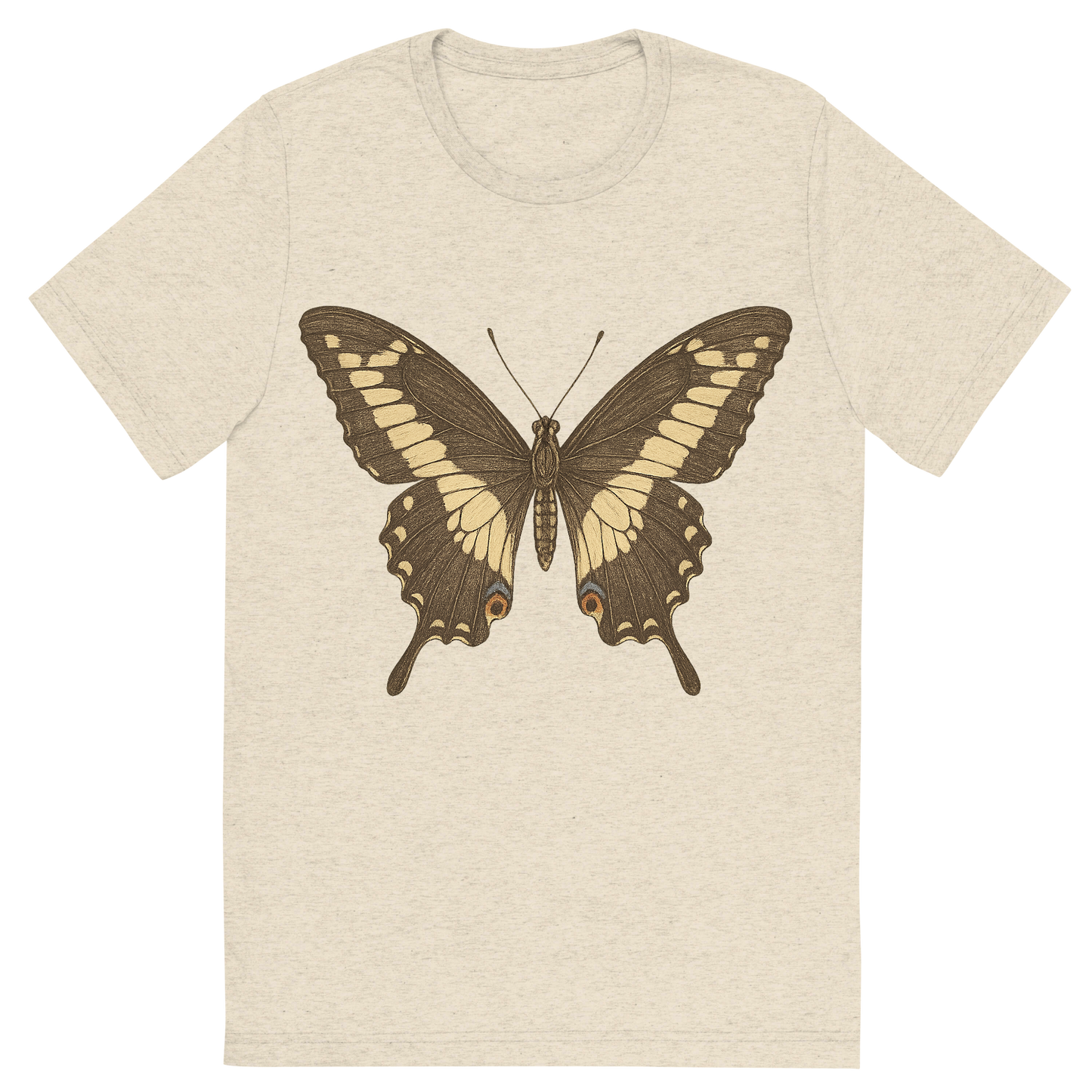 Front view of a Premium Tri-Blend Crew Neck T-Shirt in Oatmeal showing 'A hand-drawn, tranquil graphic of giant swallowtail butterfly'