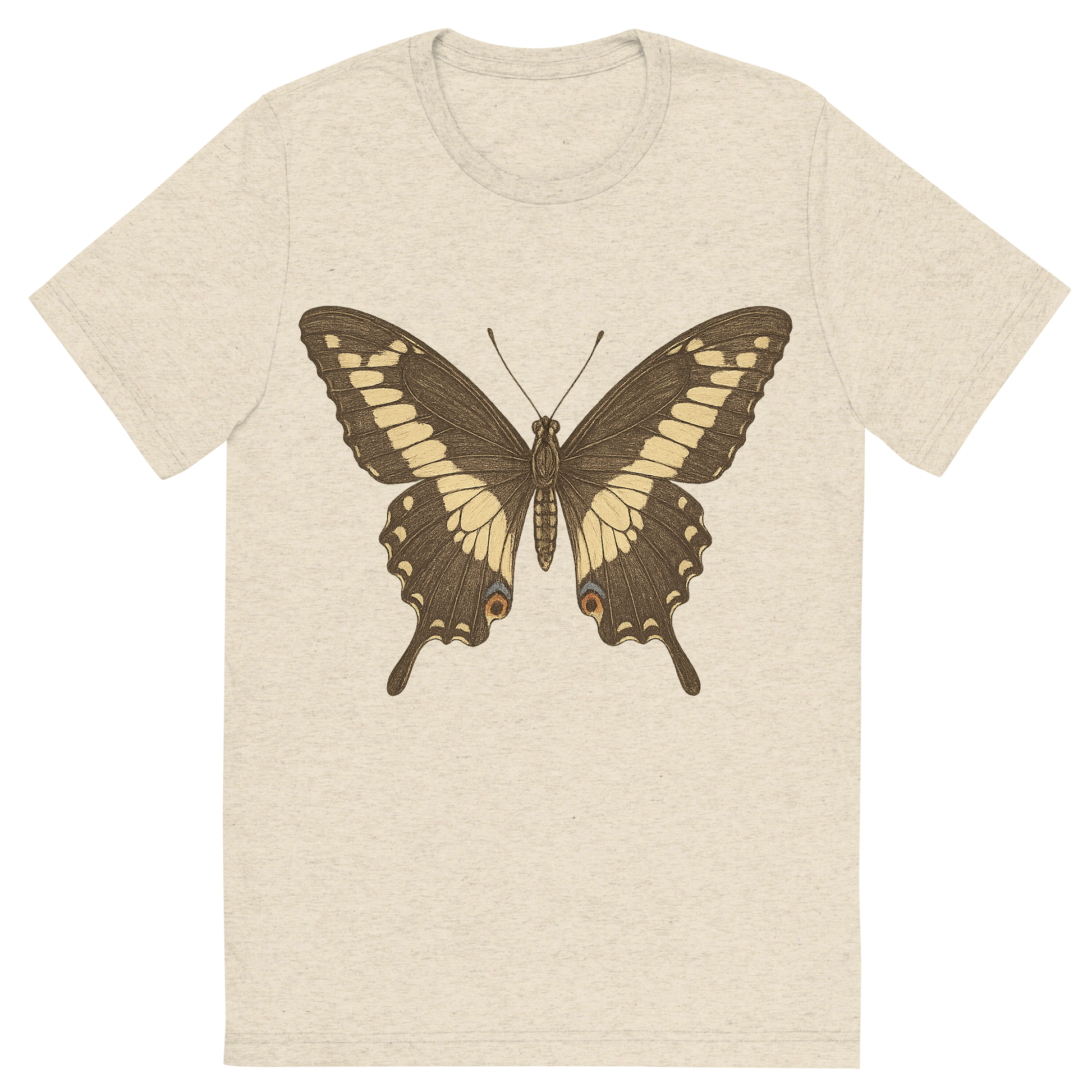 Front view of a Premium Tri-Blend Crew Neck T-Shirt in Oatmeal showing 'A hand-drawn, tranquil graphic of giant swallowtail butterfly'