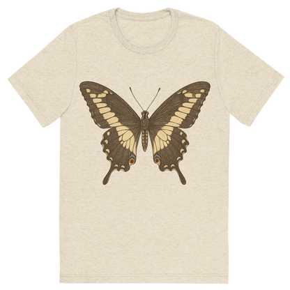 Front view of a Premium Tri-Blend Crew Neck T-Shirt in Oatmeal showing 'A hand-drawn, tranquil graphic of giant swallowtail butterfly'