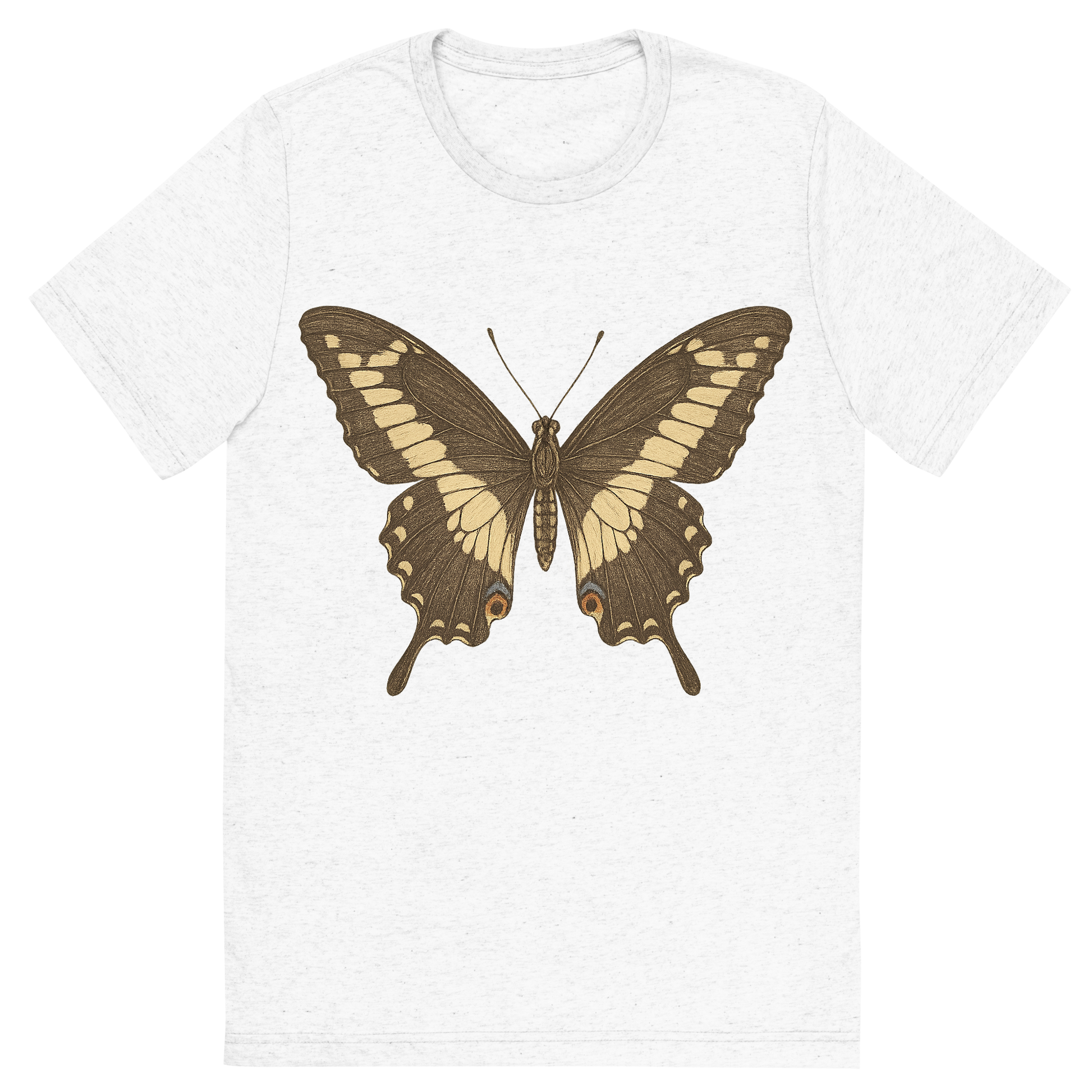 Front view of a Premium Tri-Blend Crew Neck T-Shirt in Solid White showing 'A hand-drawn, tranquil graphic of giant swallowtail butterfly'