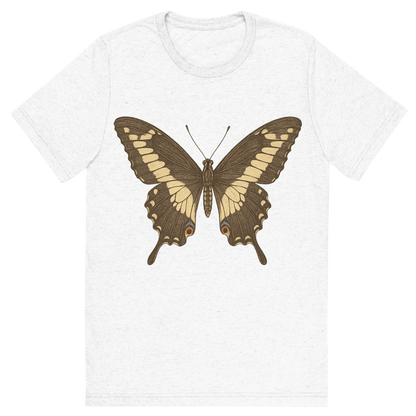 Front view of a Premium Tri-Blend Crew Neck T-Shirt in Solid White showing 'A hand-drawn, tranquil graphic of giant swallowtail butterfly'