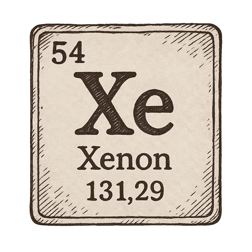 A line art, nostalgic graphic of xenon's entry on the periodic table, use a dark color for the lines and text – a t-shirt design