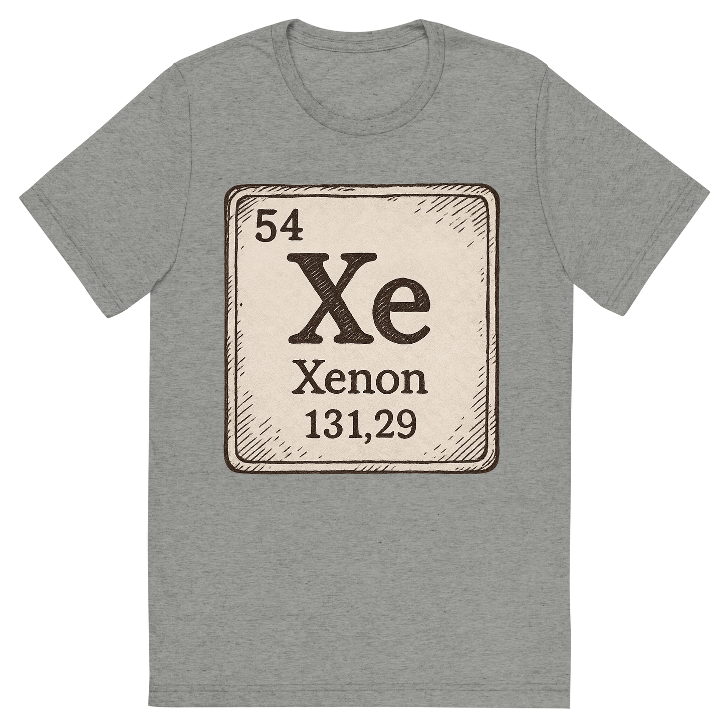 Front view of a Premium Tri-Blend Crew Neck T-Shirt in Athletic Grey showing 'A line art, nostalgic graphic of xenon's entry on the periodic table, use a dark color for the lines and text'