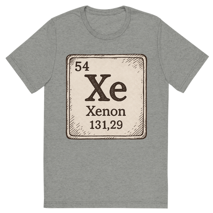 Front view of a Premium Tri-Blend Crew Neck T-Shirt in Athletic Grey showing 'A line art, nostalgic graphic of xenon's entry on the periodic table, use a dark color for the lines and text'
