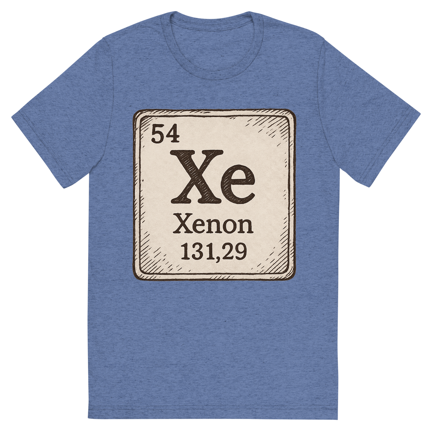 Front view of a Premium Tri-Blend Crew Neck T-Shirt in Blue showing 'A line art, nostalgic graphic of xenon's entry on the periodic table, use a dark color for the lines and text'