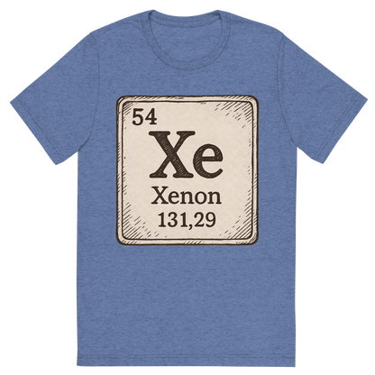 Front view of a Premium Tri-Blend Crew Neck T-Shirt in Blue showing 'A line art, nostalgic graphic of xenon's entry on the periodic table, use a dark color for the lines and text'