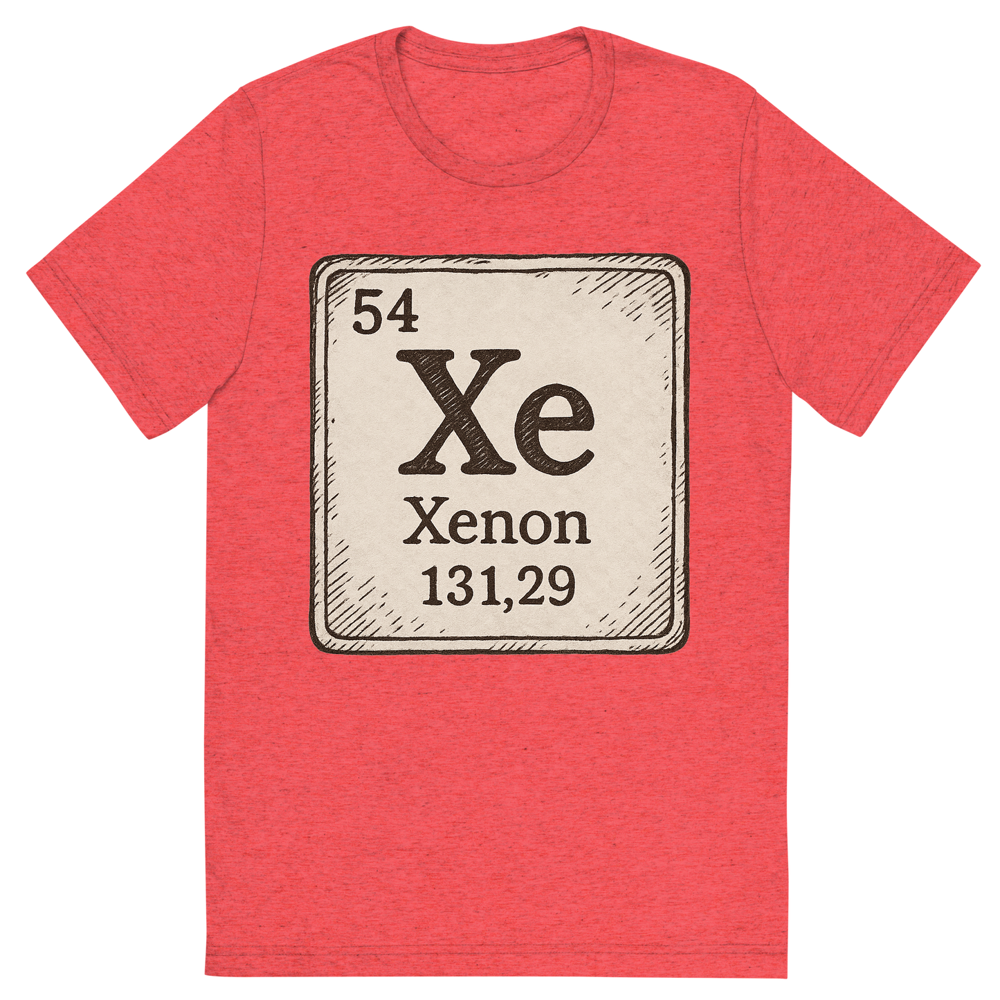 Front view of a Premium Tri-Blend Crew Neck T-Shirt in Red showing 'A line art, nostalgic graphic of xenon's entry on the periodic table, use a dark color for the lines and text'