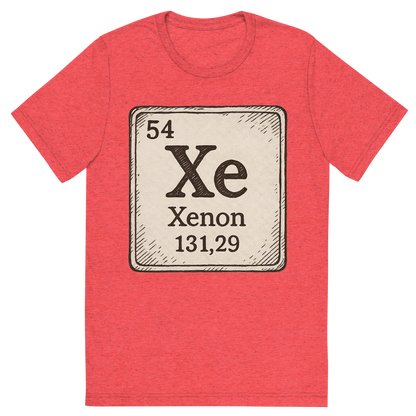 Front view of a Premium Tri-Blend Crew Neck T-Shirt in Red showing 'A line art, nostalgic graphic of xenon's entry on the periodic table, use a dark color for the lines and text'