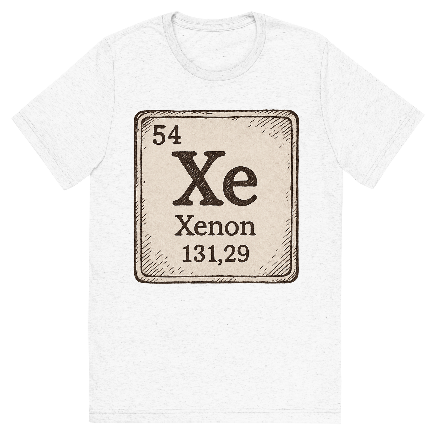 Front view of a Premium Tri-Blend Crew Neck T-Shirt in Solid White showing 'A line art, nostalgic graphic of xenon's entry on the periodic table, use a dark color for the lines and text'