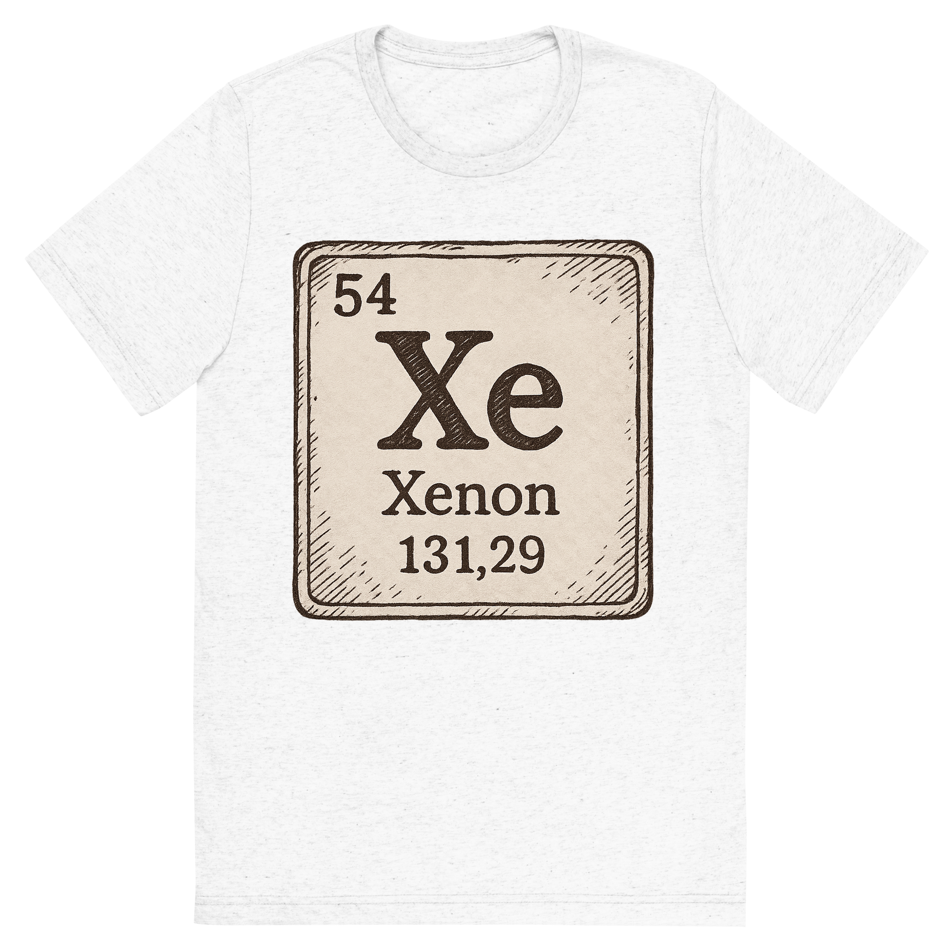Front view of a Premium Tri-Blend Crew Neck T-Shirt in Solid White showing 'A line art, nostalgic graphic of xenon's entry on the periodic table, use a dark color for the lines and text'