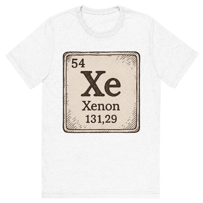 Front view of a Premium Tri-Blend Crew Neck T-Shirt in Solid White showing 'A line art, nostalgic graphic of xenon's entry on the periodic table, use a dark color for the lines and text'