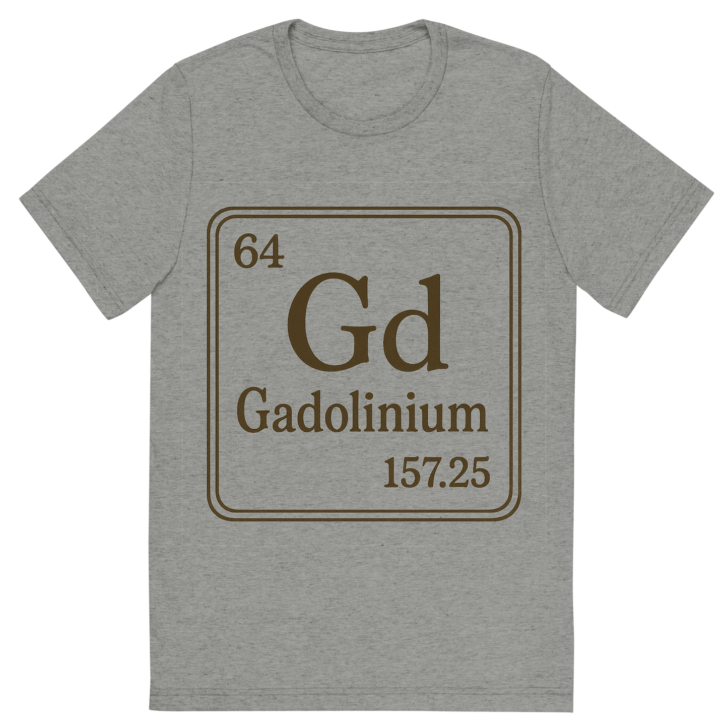 Front view of a Premium Tri-Blend Crew Neck T-Shirt in Athletic Grey showing 'A line art, nostalgic graphic of gadolinium's entry on the periodic table, use a dark color for the lines and text'