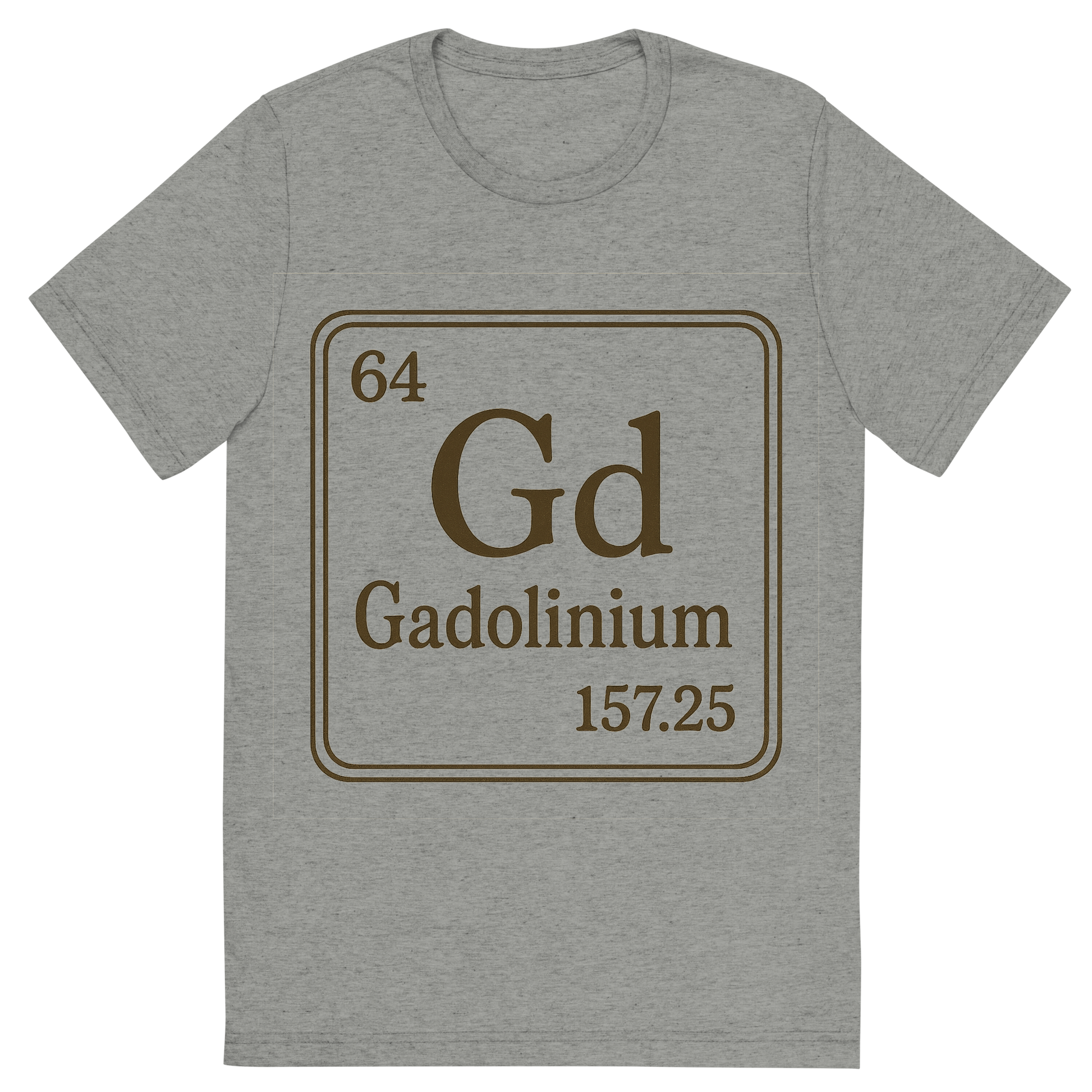Front view of a Premium Tri-Blend Crew Neck T-Shirt in Athletic Grey showing 'A line art, nostalgic graphic of gadolinium's entry on the periodic table, use a dark color for the lines and text'