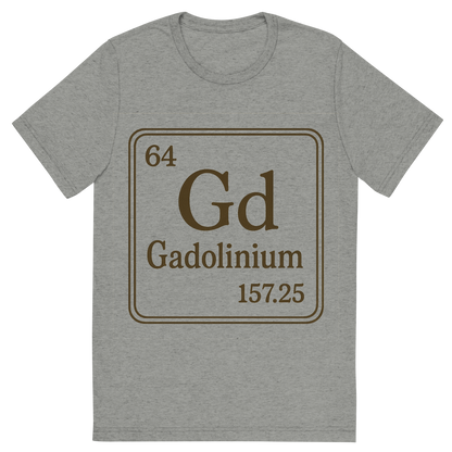 Front view of a Premium Tri-Blend Crew Neck T-Shirt in Athletic Grey showing 'A line art, nostalgic graphic of gadolinium's entry on the periodic table, use a dark color for the lines and text'