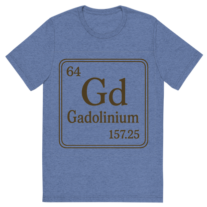 Front view of a Premium Tri-Blend Crew Neck T-Shirt in Blue showing 'A line art, nostalgic graphic of gadolinium's entry on the periodic table, use a dark color for the lines and text'