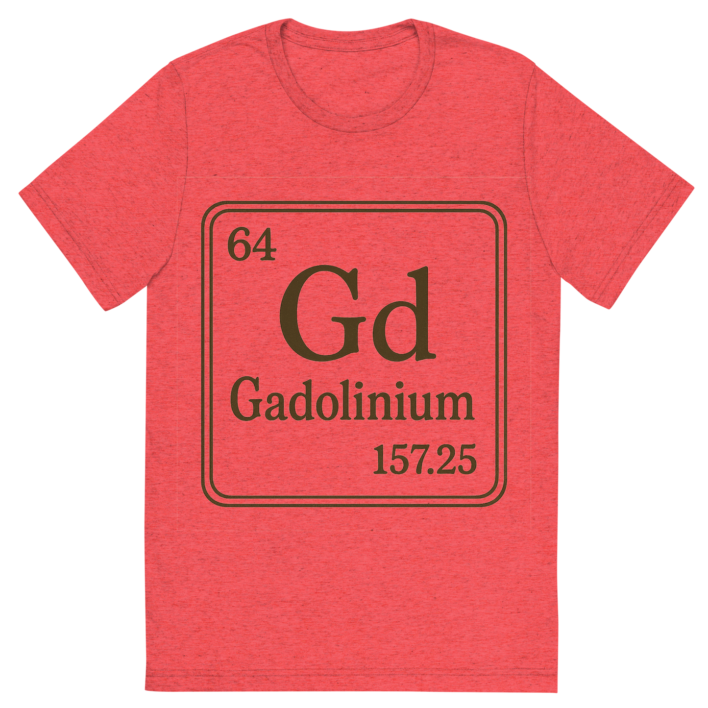 Front view of a Premium Tri-Blend Crew Neck T-Shirt in Red showing 'A line art, nostalgic graphic of gadolinium's entry on the periodic table, use a dark color for the lines and text'