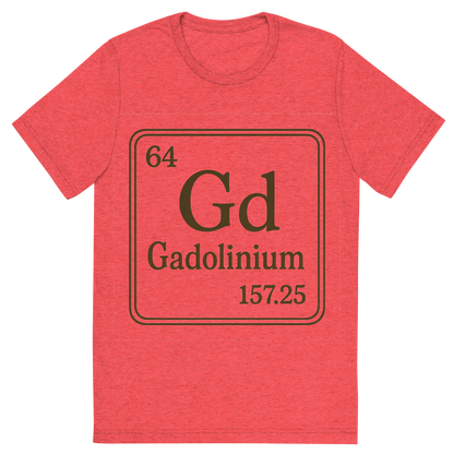 Front view of a Premium Tri-Blend Crew Neck T-Shirt in Red showing 'A line art, nostalgic graphic of gadolinium's entry on the periodic table, use a dark color for the lines and text'