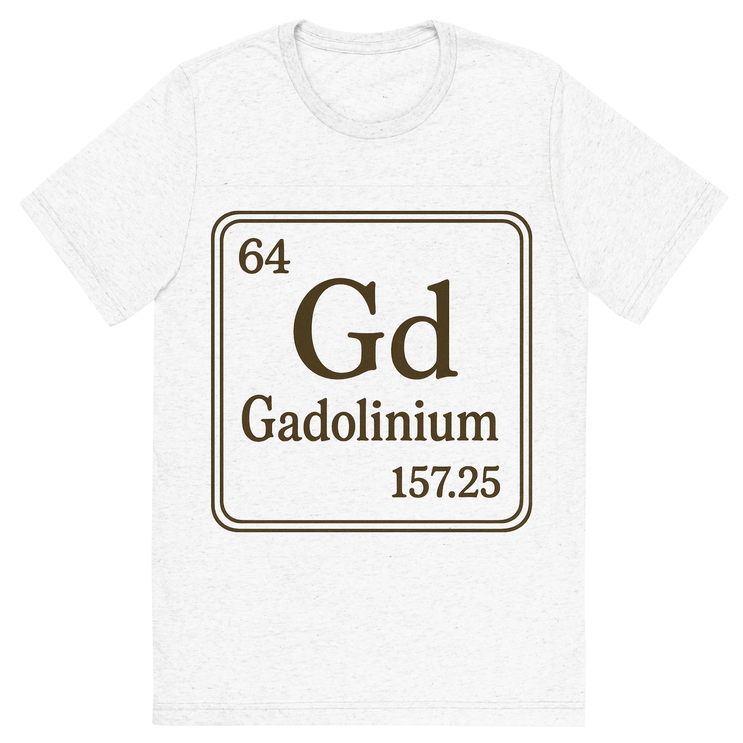 Front view of a Premium Tri-Blend Crew Neck T-Shirt in Solid White showing 'A line art, nostalgic graphic of gadolinium's entry on the periodic table, use a dark color for the lines and text'