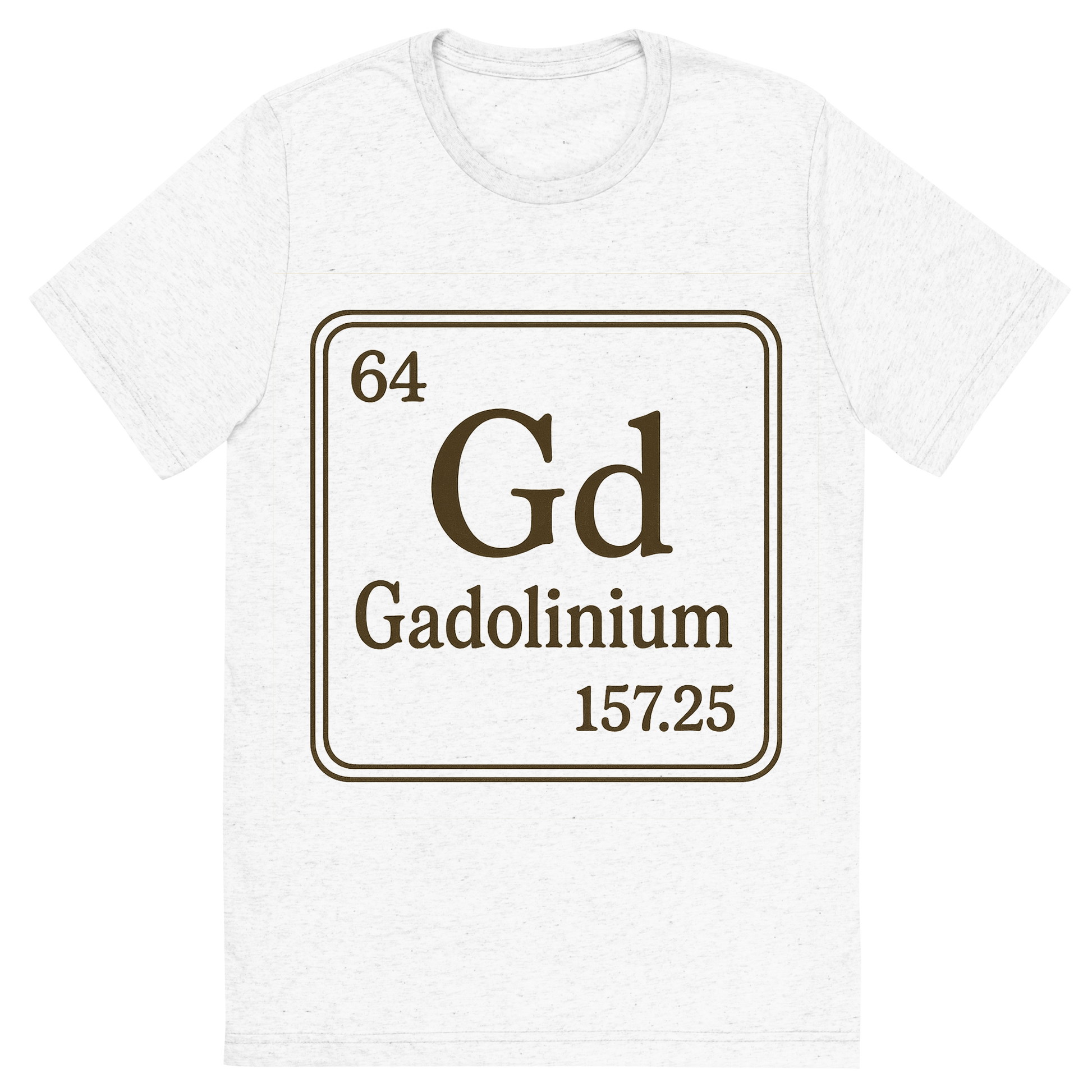 Front view of a Premium Tri-Blend Crew Neck T-Shirt in Solid White showing 'A line art, nostalgic graphic of gadolinium's entry on the periodic table, use a dark color for the lines and text'