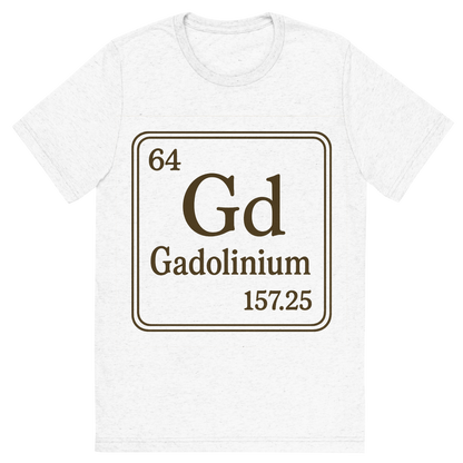 Front view of a Premium Tri-Blend Crew Neck T-Shirt in Solid White showing 'A line art, nostalgic graphic of gadolinium's entry on the periodic table, use a dark color for the lines and text'