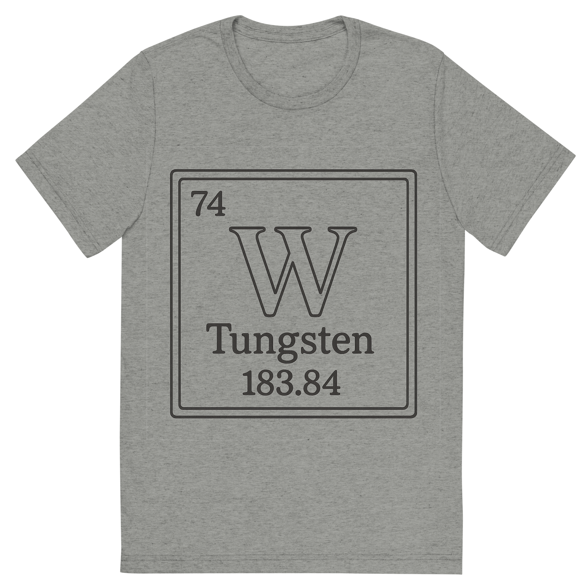 Front view of a Premium Tri-Blend Crew Neck T-Shirt in Athletic Grey showing 'A line art, nostalgic graphic of tungsten's entry on the periodic table, use a dark color for the lines and text'