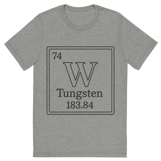 Front view of a Premium Tri-Blend Crew Neck T-Shirt in Athletic Grey showing 'A line art, nostalgic graphic of tungsten's entry on the periodic table, use a dark color for the lines and text'