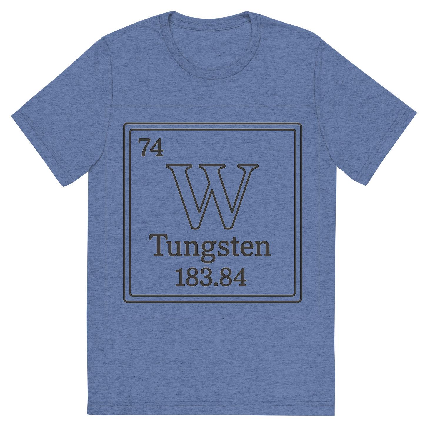 Front view of a Premium Tri-Blend Crew Neck T-Shirt in Blue showing 'A line art, nostalgic graphic of tungsten's entry on the periodic table, use a dark color for the lines and text'