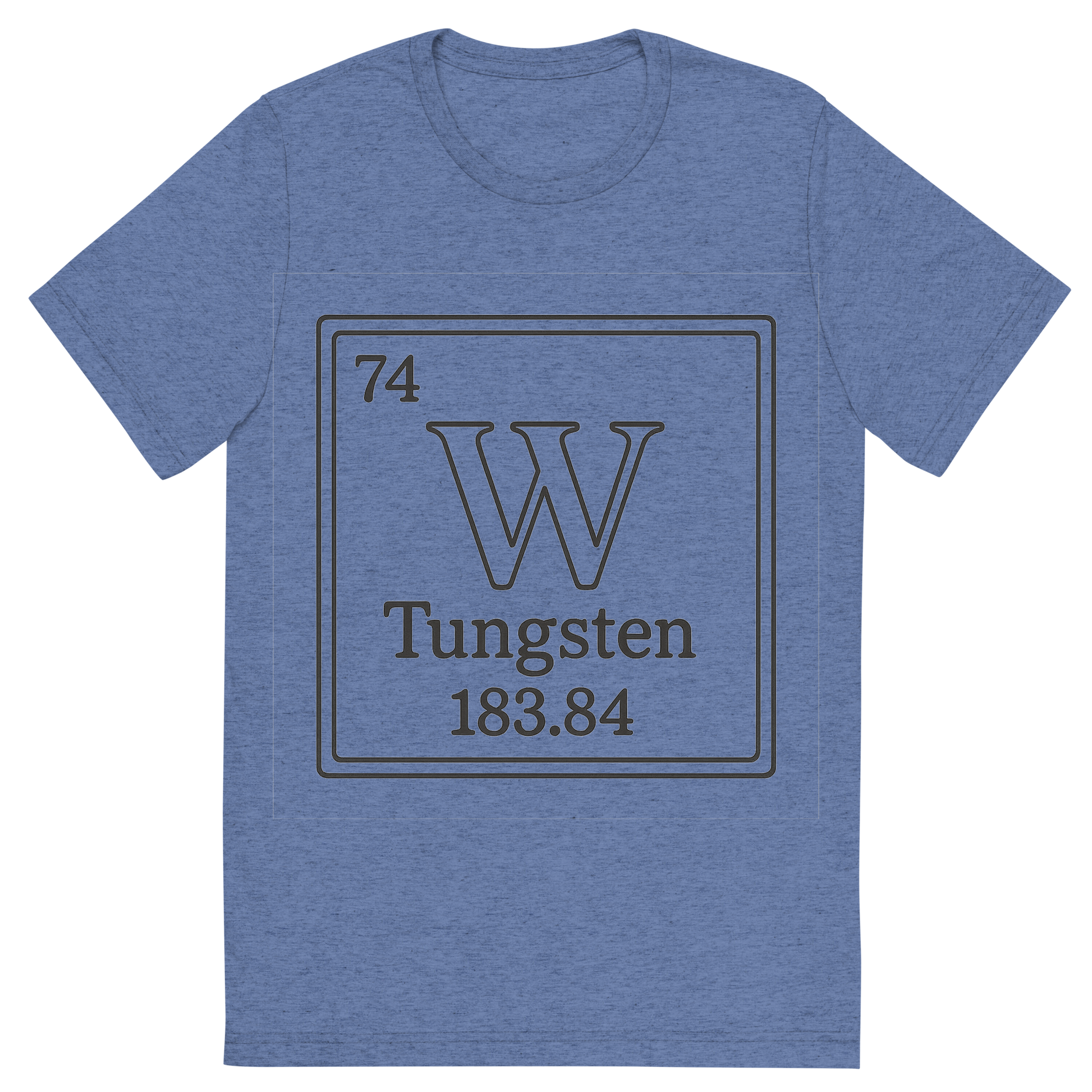 Front view of a Premium Tri-Blend Crew Neck T-Shirt in Blue showing 'A line art, nostalgic graphic of tungsten's entry on the periodic table, use a dark color for the lines and text'