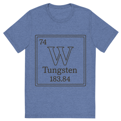Front view of a Premium Tri-Blend Crew Neck T-Shirt in Blue showing 'A line art, nostalgic graphic of tungsten's entry on the periodic table, use a dark color for the lines and text'