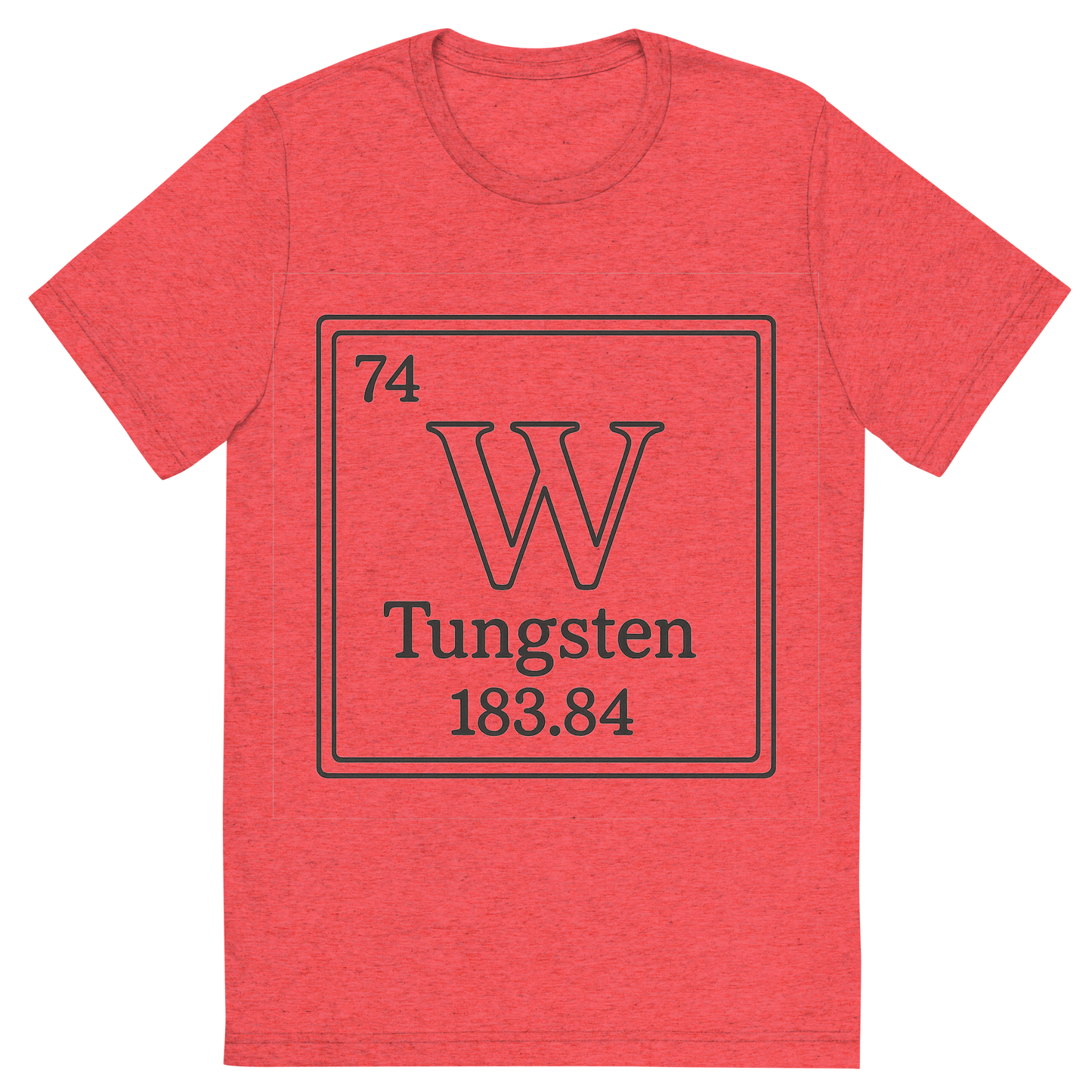 Front view of a Premium Tri-Blend Crew Neck T-Shirt in Red showing 'A line art, nostalgic graphic of tungsten's entry on the periodic table, use a dark color for the lines and text'