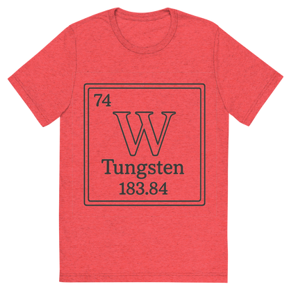 Front view of a Premium Tri-Blend Crew Neck T-Shirt in Red showing 'A line art, nostalgic graphic of tungsten's entry on the periodic table, use a dark color for the lines and text'