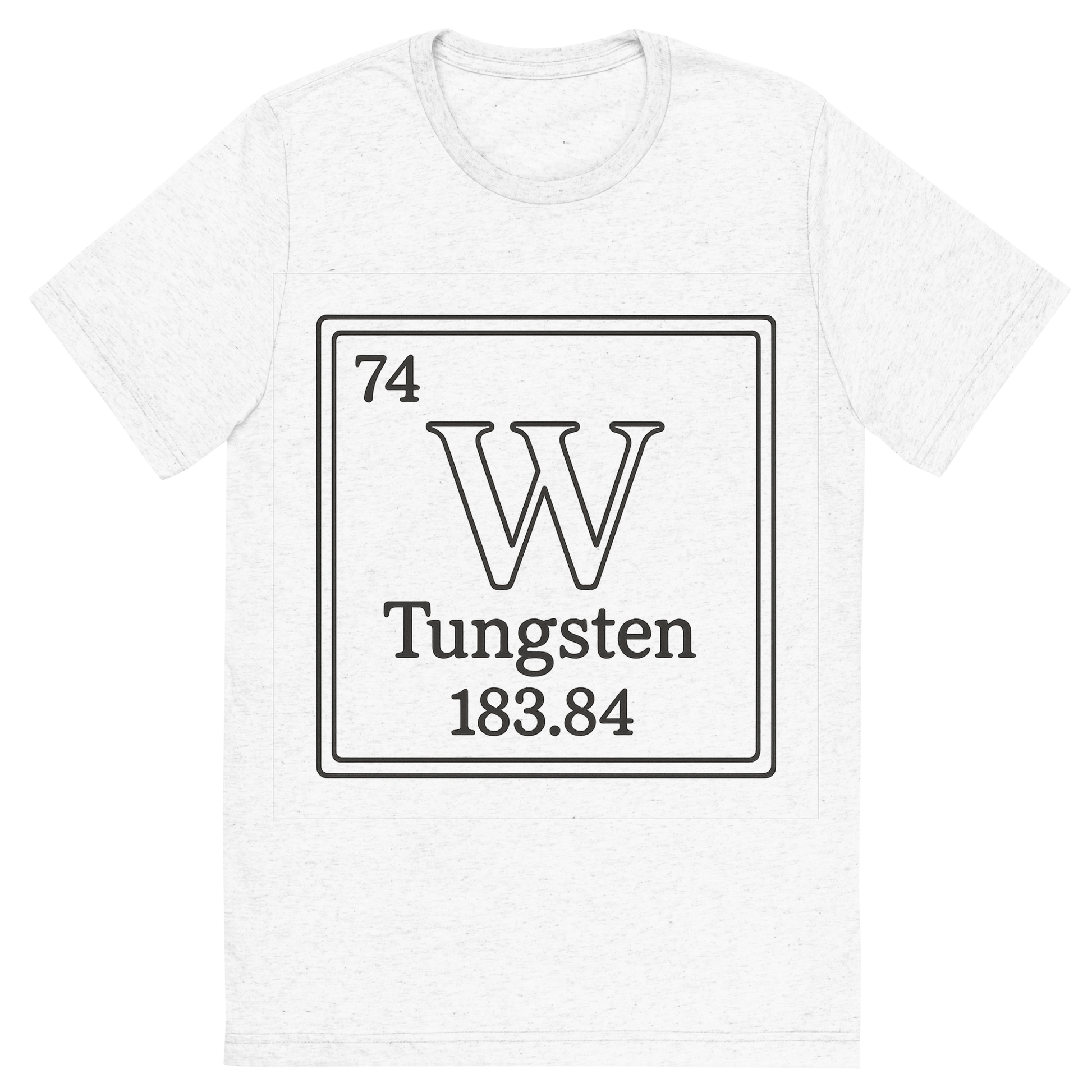 Front view of a Premium Tri-Blend Crew Neck T-Shirt in Solid White showing 'A line art, nostalgic graphic of tungsten's entry on the periodic table, use a dark color for the lines and text'