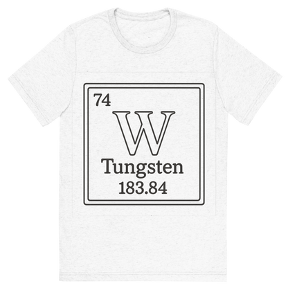 Front view of a Premium Tri-Blend Crew Neck T-Shirt in Solid White showing 'A line art, nostalgic graphic of tungsten's entry on the periodic table, use a dark color for the lines and text'